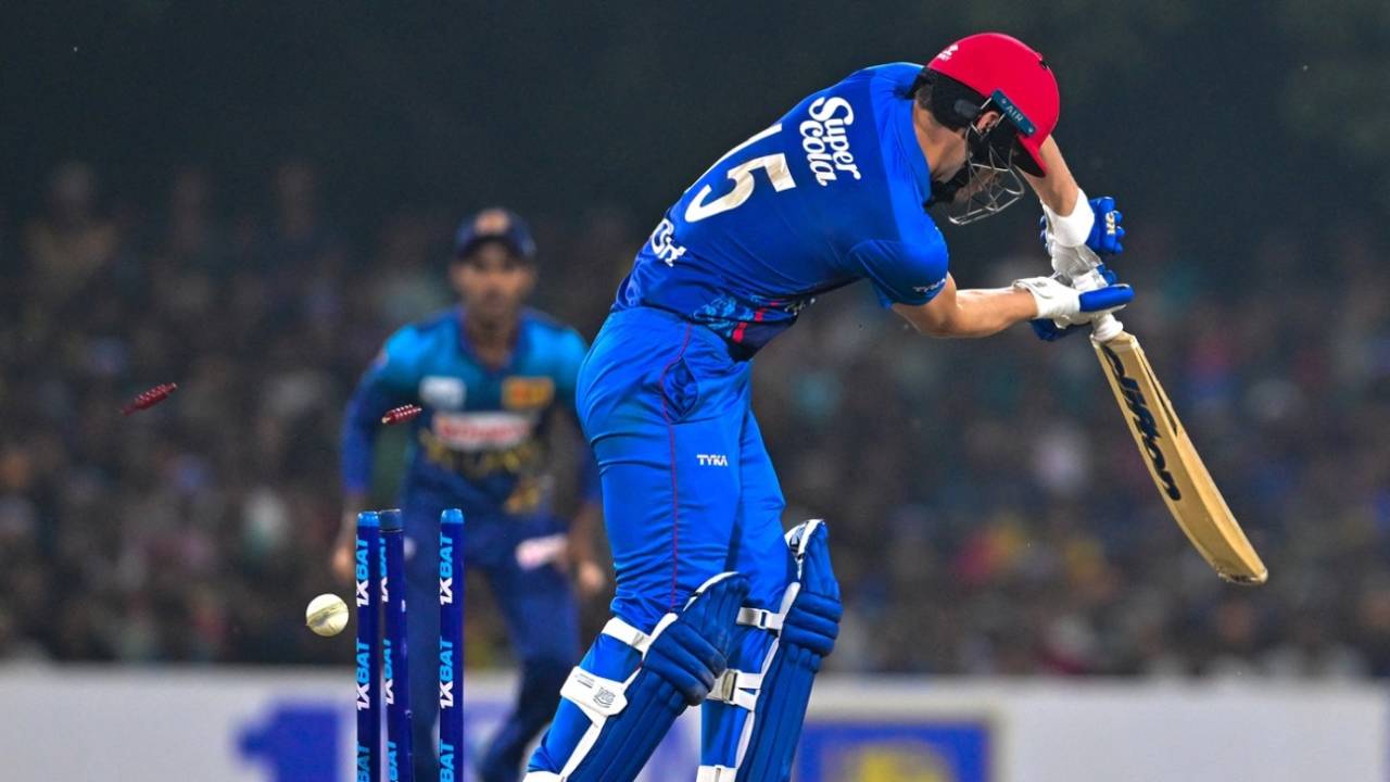 Noor Ahmad is bowled by Matheesha Pathirana&nbsp;&nbsp;&bull;&nbsp;&nbsp;AFP/Getty Images