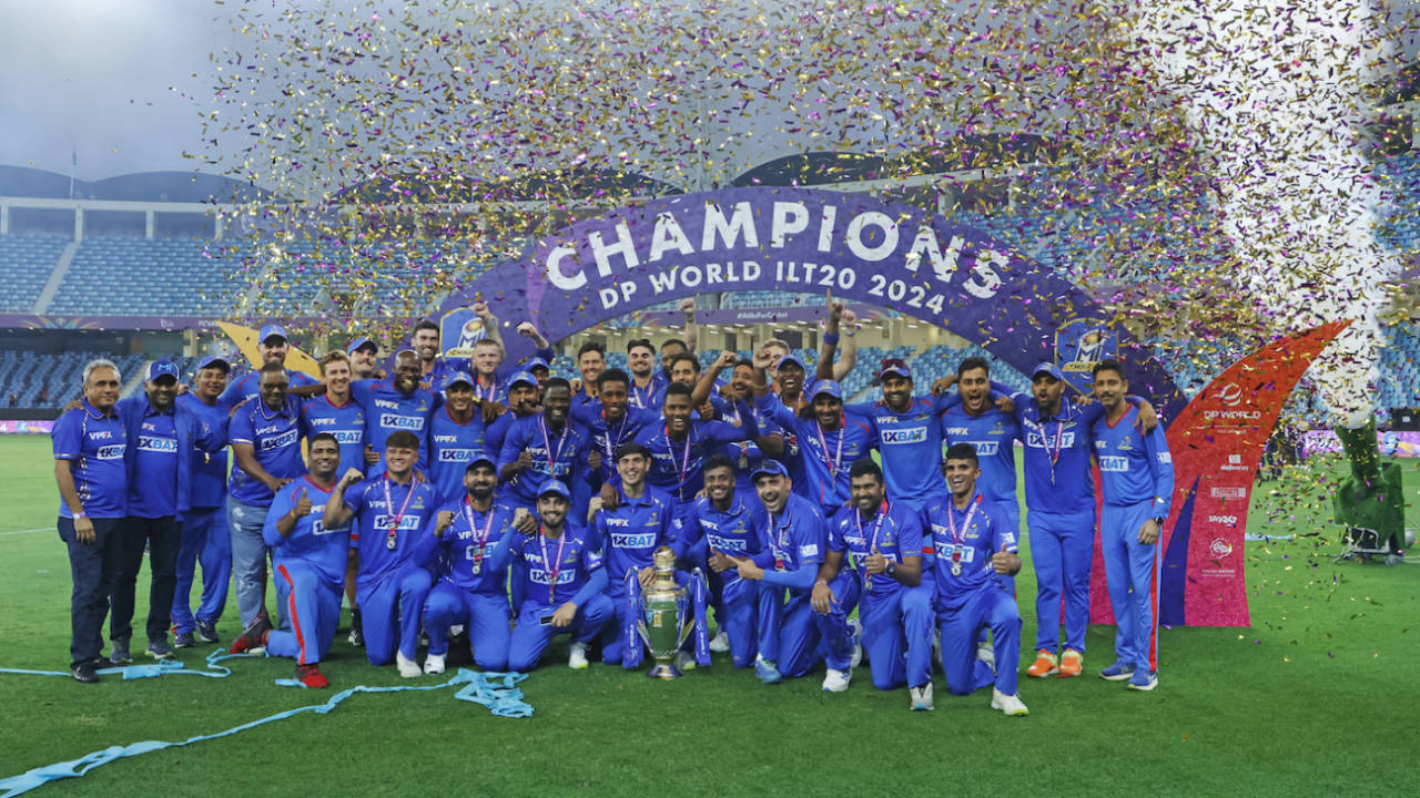 MI Emirates celebrate winning the second edition of the ILT20, MI Emirates vs Dubai Capitals, final, Dubai, ILT20, February 17, 2024