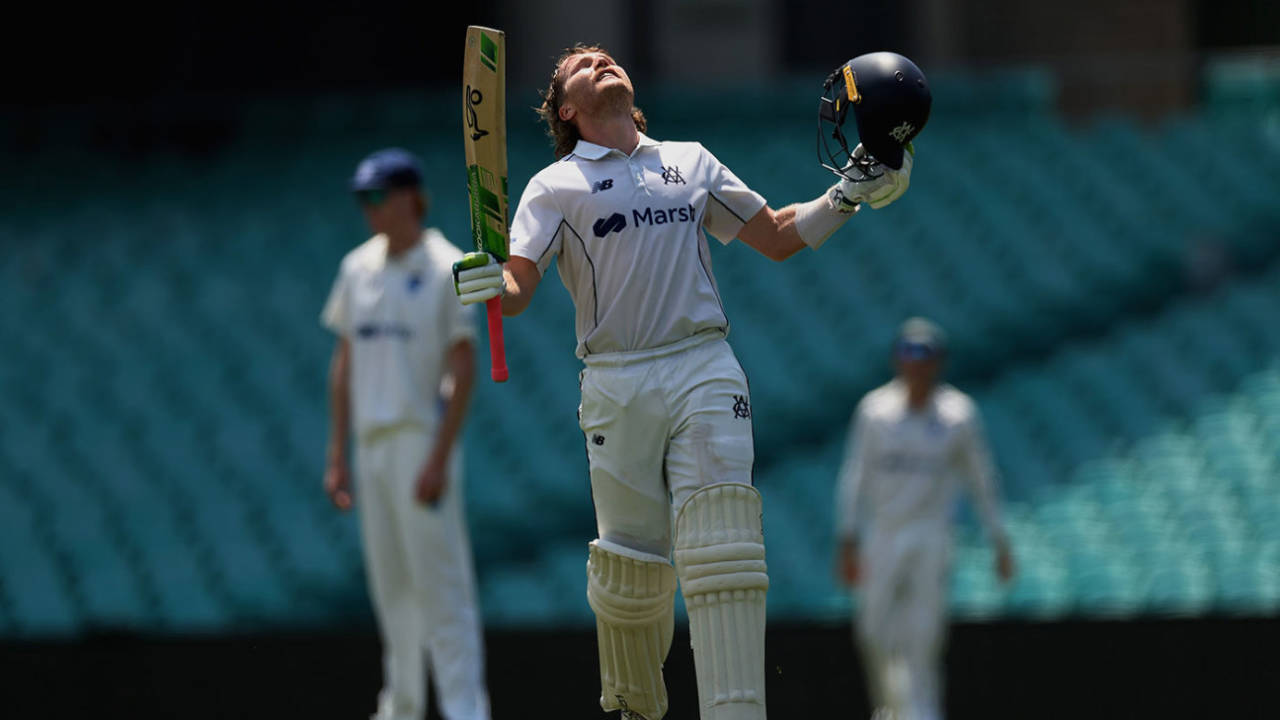 Will Pucovski looks skywards after completing his century&nbsp;&nbsp;&bull;&nbsp;&nbsp;Getty Images