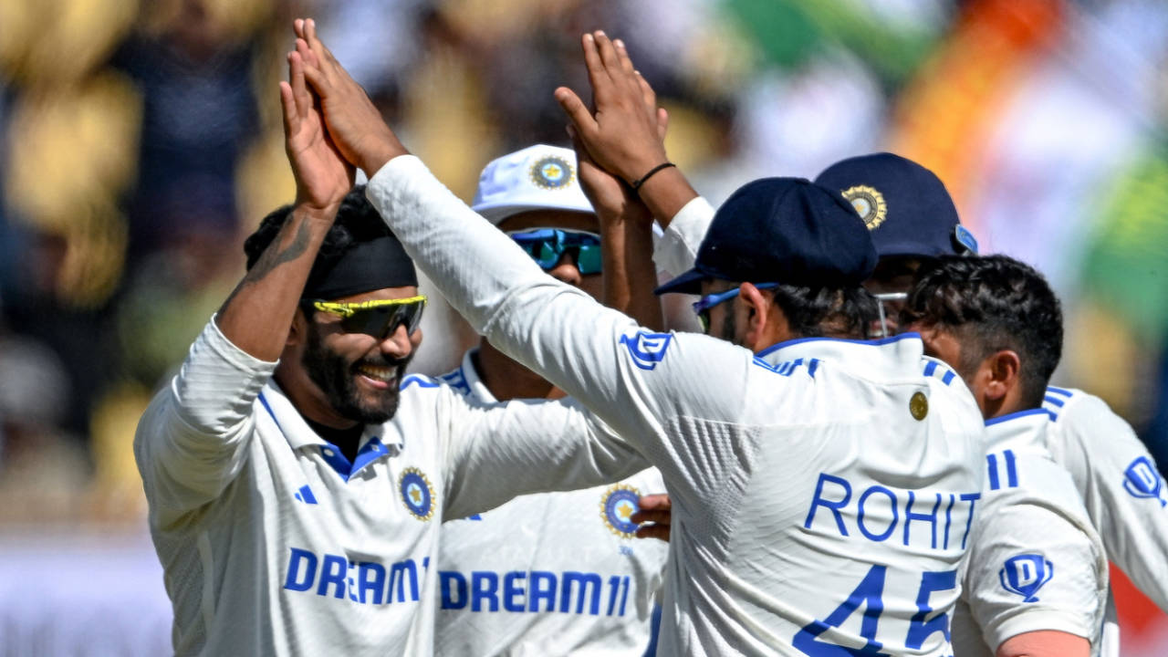 Ravindra Jadeja high fives Rohit Sharma, India vs England, 3rd Test, Rajkot, 4th day, February 18, 2024