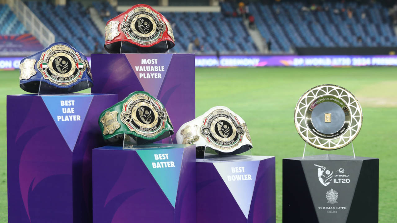 The ILT20 championship belts in all their glory, MI Emirates vs Dubai Capitals, final, Dubai, ILT20, February 17, 2024