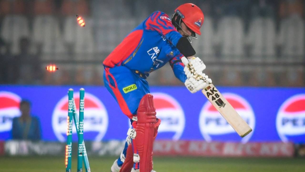 Saad Baig is bowled by David WIlley, Multan Sultans vs Karachi Kings, PSL 2024, Multan, February 18, 2024