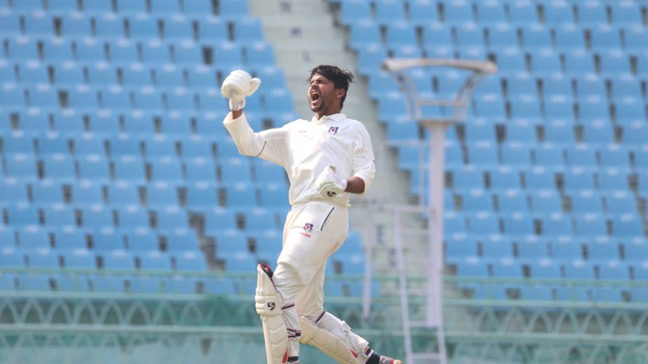 Priyam Garg celebrates his hundred, off just 95 balls
