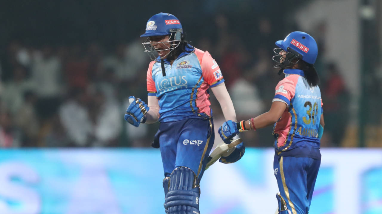 S Sajana roars in delight after slamming her first ball - and the last of the innings - for six to take Mumbai Indians home, Mumbai Indians vs Delhi Capitals, WPL 2024, Bengaluru, February 23, 2024