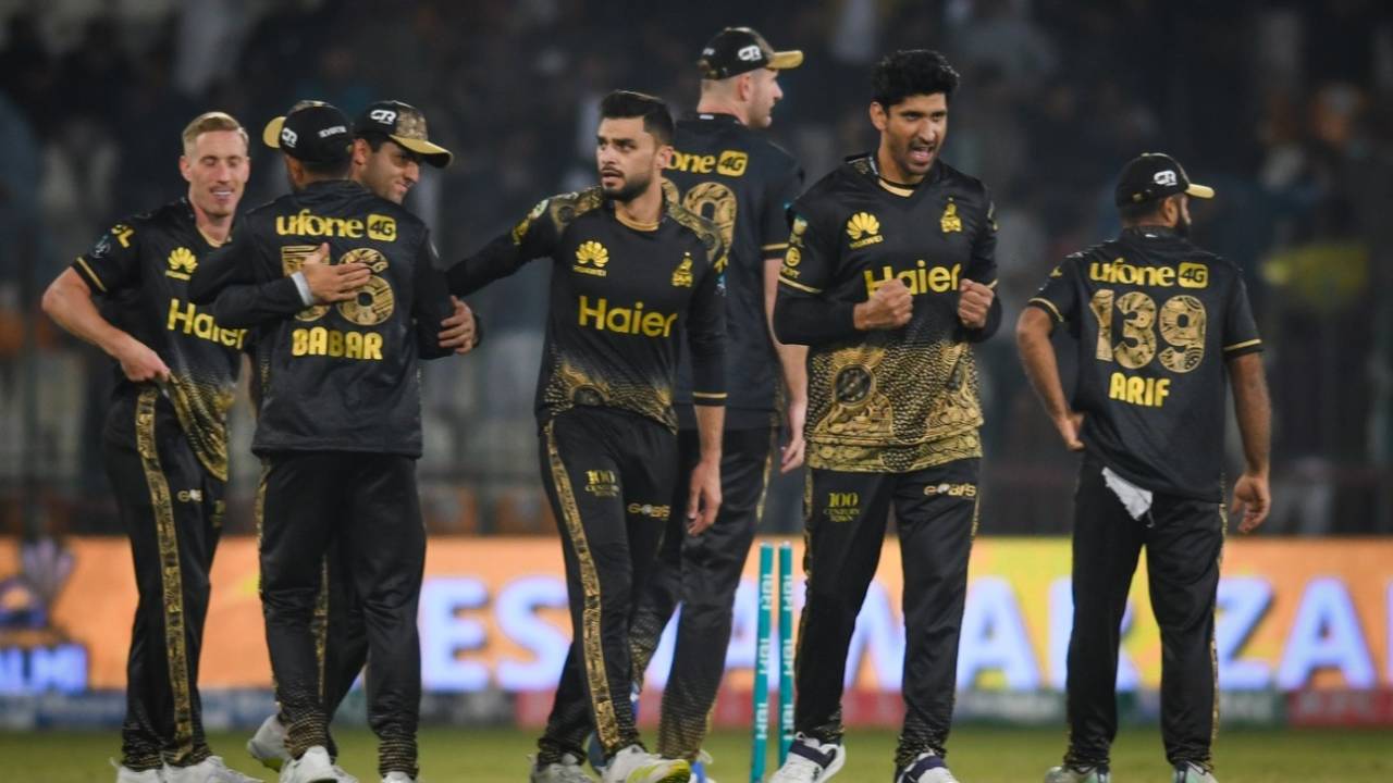 The Peshawar Zalmi players heave a sigh of relief after holding on in a thriller, Multan Sultans vs Peshawar Zalmi, Multan, PSL, February 23, 2024
