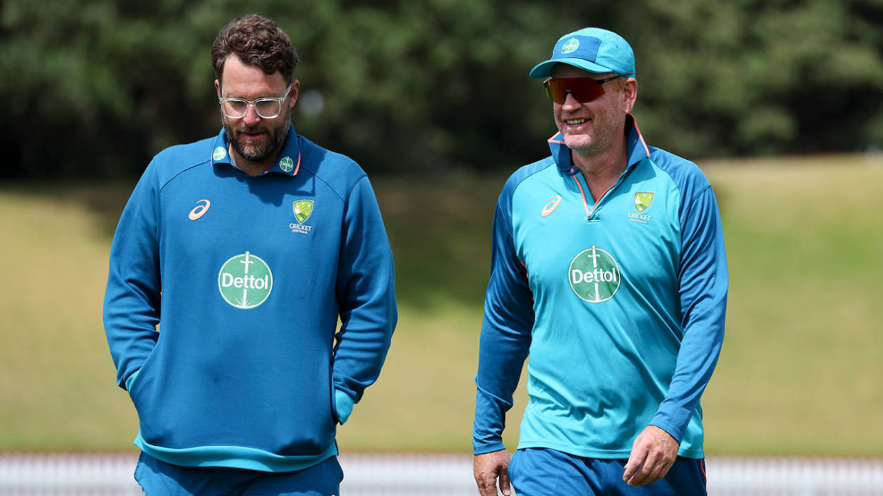 Daniel Vettori chats with Australia head coach Andrew McDonald, Wellington, February 26, 2024