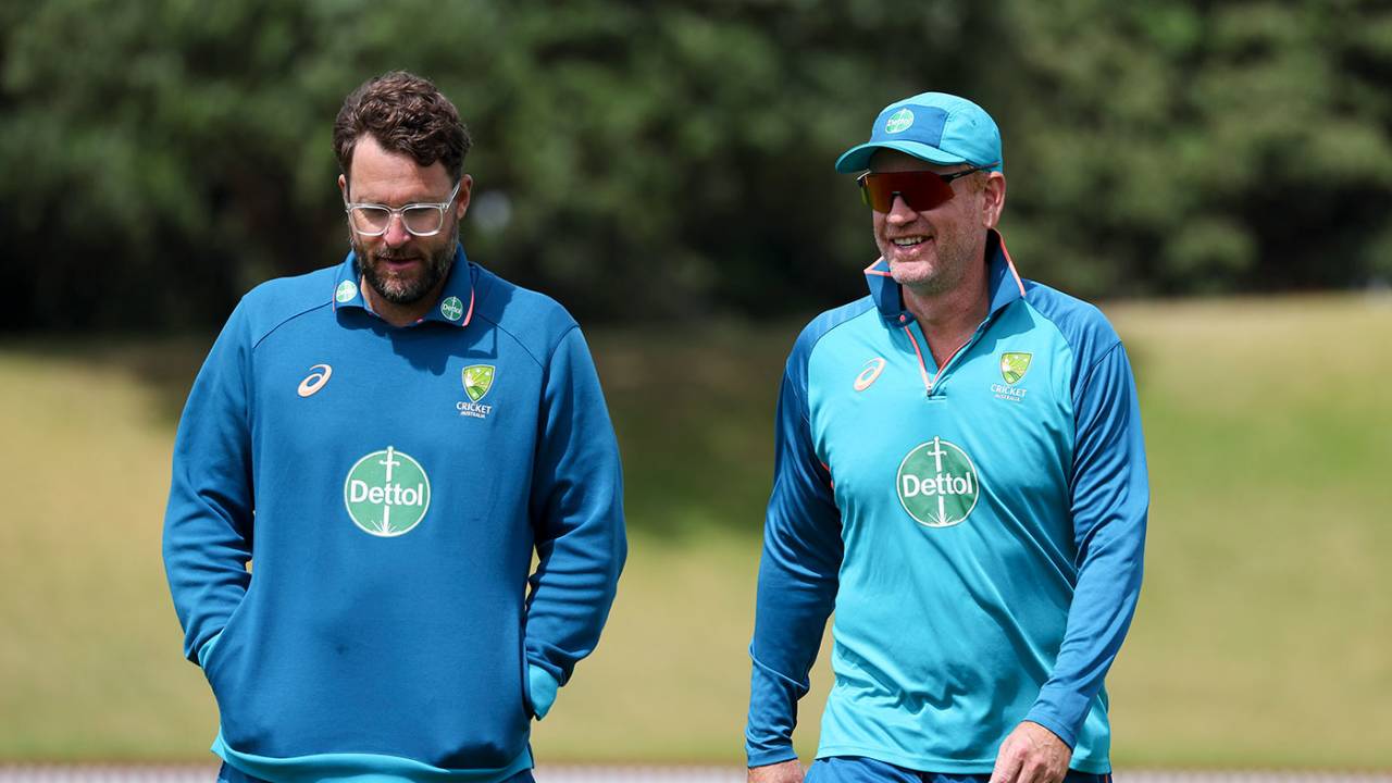 Daniel Vettori chats with Australia head coach Andrew McDonald, Wellington, February 26, 2024