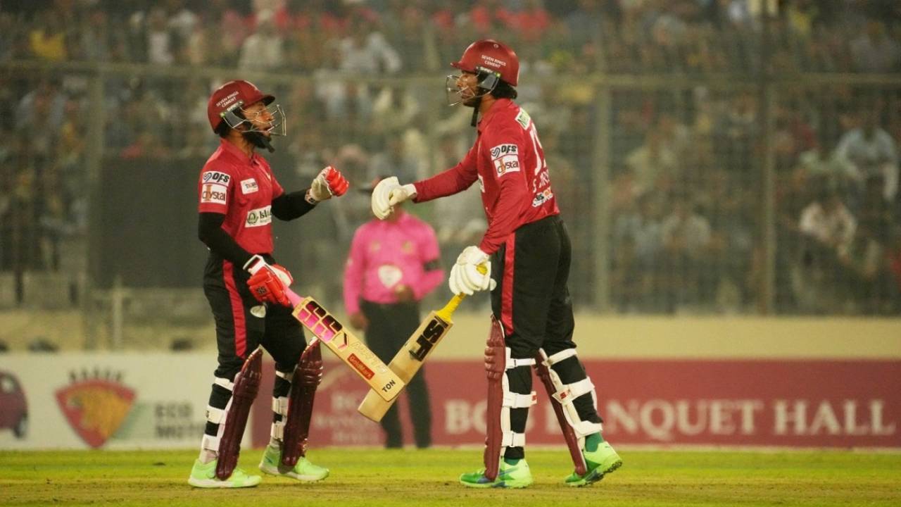 Mushfiqur Rahim and Soumya Sarkar added 47 off 37 for the third wicket, Rangpur Riders vs Fortune Barishal, Qualifier 2, BPL 2024, Mirpur, February 28, 2024