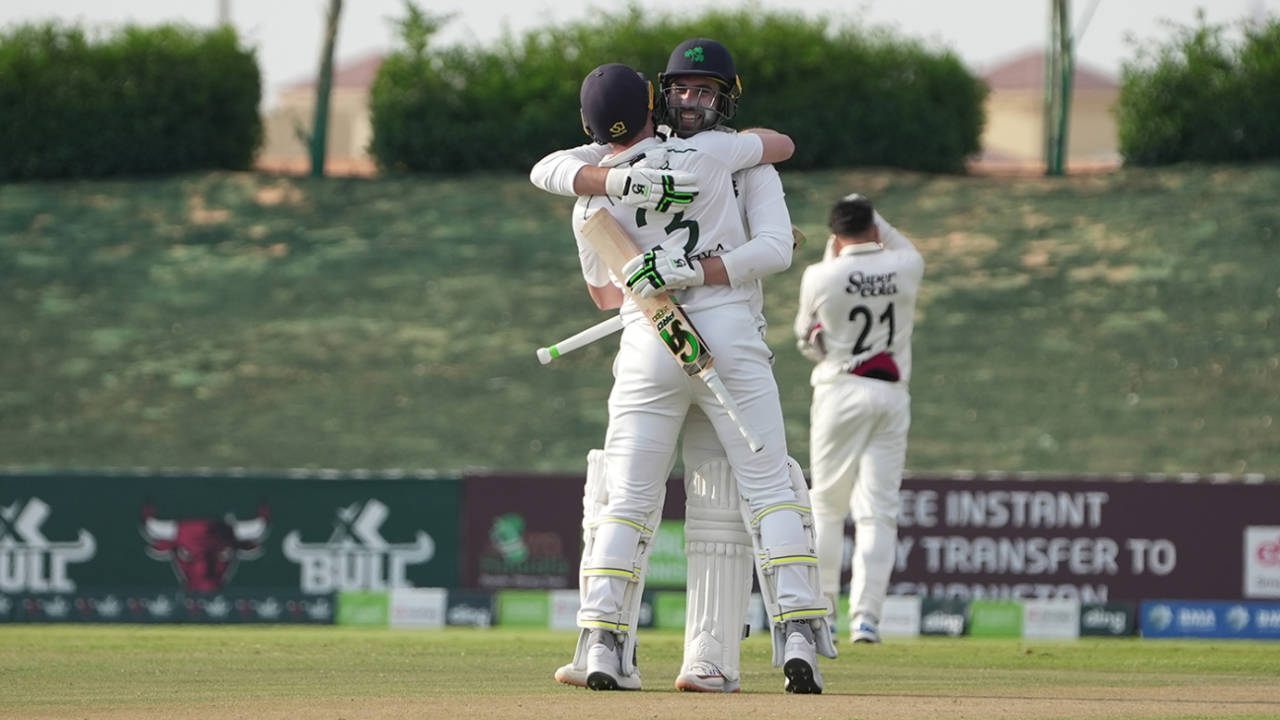 Andy Balbirnie celebrates the winning run with Lorcan Tucker, Afghanistan vs Ireland, Only Test, Abu Dhabi, 3rd day, March 1, 2024