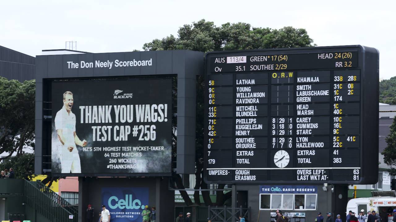 Neil Wagner gets gratitude from the Wellington scoreboard, New Zealand vs Australia, 1st Test, Wellington, 3rd day, March 2, 2024