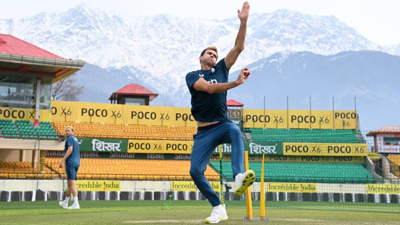 James Anderson bowls with the Himalayas in the background, Dharamsala, March 5, 2024