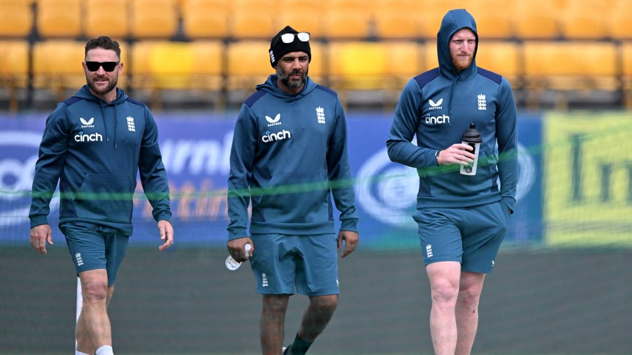 Brendon McCullum, Ben Stokes and Jeetan Patel at a training session, India vs England, Dharamsala, March 6, 2024