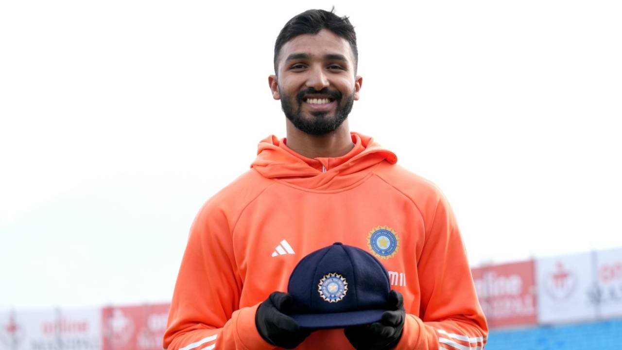 Devdutt Padikkal with his Test cap on the morning of his debut, India vs England, 5th Test, Dharamsala, 1st day, March 7, 2024