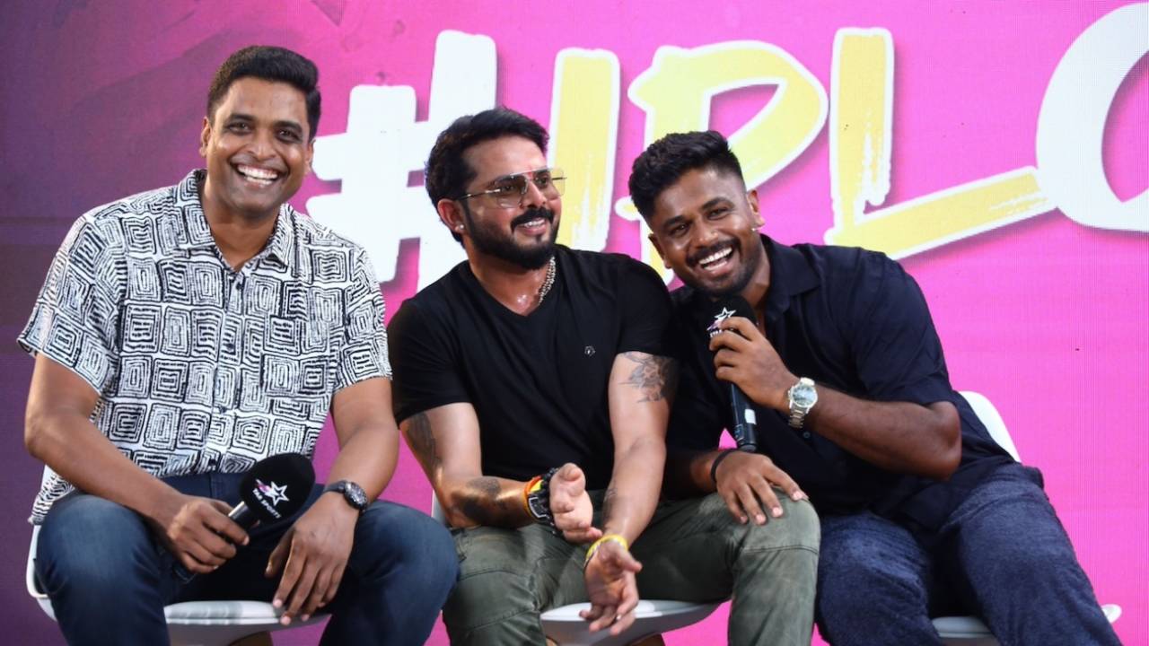 [L to R] Tinu Yohannan, S Sreesanth and Sanju Samson share a laugh, Kochi, March 7, 2024