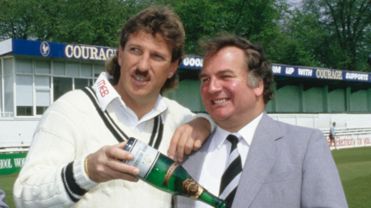 Duncan Fearnley (right), the Worcestershire chair and bat-maker, pictured with Ian Botham ahead of the 1987 season