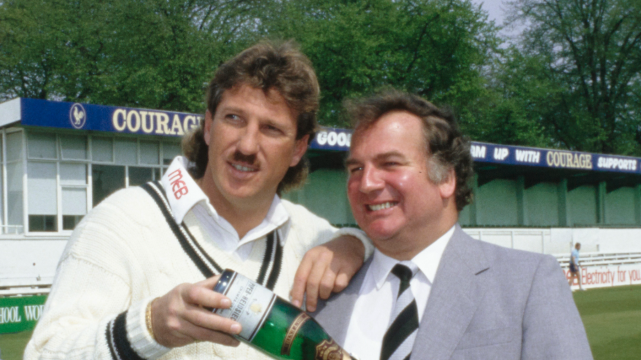 Duncan Fearnley, the Worcestershire chair and bat-maker, pictured with Ian Botham ahead of the 1987 season