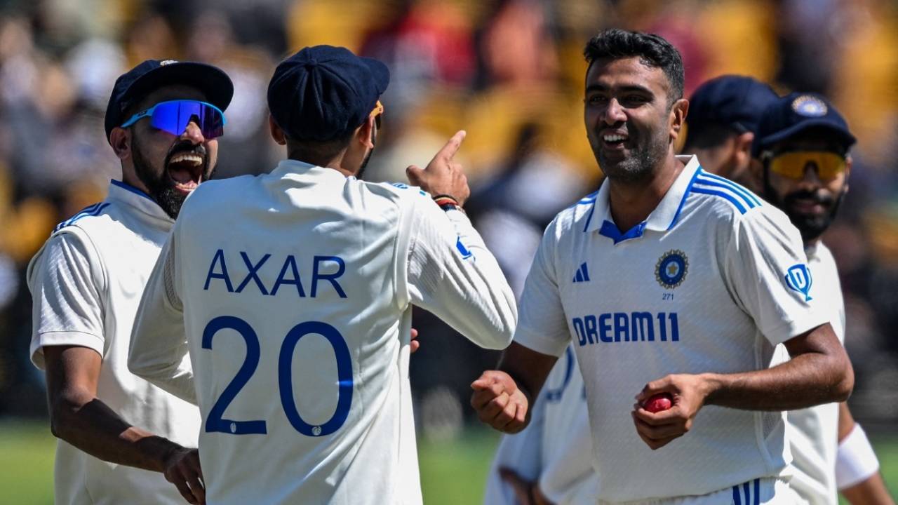 R Ashwin shares a laugh with Mohammed Siraj and Axar Patel after getting his five-for, India vs England, 5th Test, Dharamsala, 3rd day, March 9, 2024