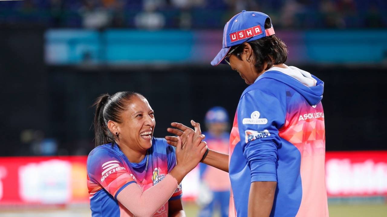 Shabnim Ismail and Jhulan Goswami, two of the greatest fast bowlers in the history of the game, share a laugh, Gujarat Giants vs Mumbai Indians, WPL, Delhi, March 9, 2024