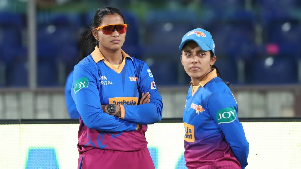 Railways team-mates Sneh Rana and Tanuja Kanwar chat before the game, Gujarat Giants vs Mumbai Indians, WPL, Delhi, March 9, 2024