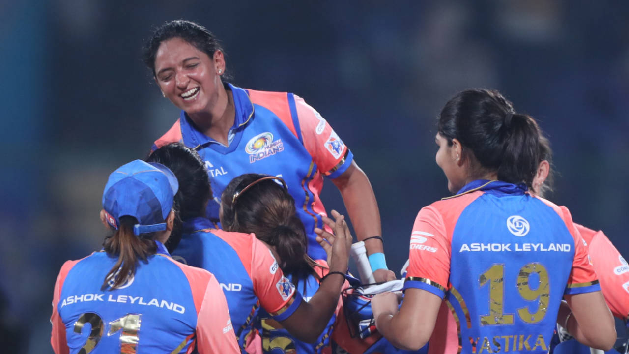 Harmanpreet Kaur is mobbed by her team-mates after carrying Mumbai Indians home with 95 off 48, Gujarat Giants vs Mumbai Indians, WPL, Delhi, March 9, 2024
