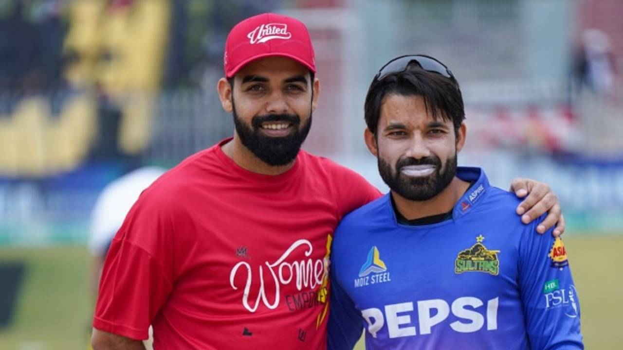 Shadab Khan and Mohammad Rizwan at the toss, Islamabad United vs Multan Sultans, PSL, Rawalpindi, March 10, 2024