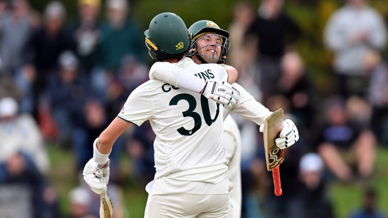 Alex Carey and Pat Cummins embrace after Australia got the winning runs, New Zealand vs Australia, 2nd Test, 4th day, Christchurch, March 11, 2024