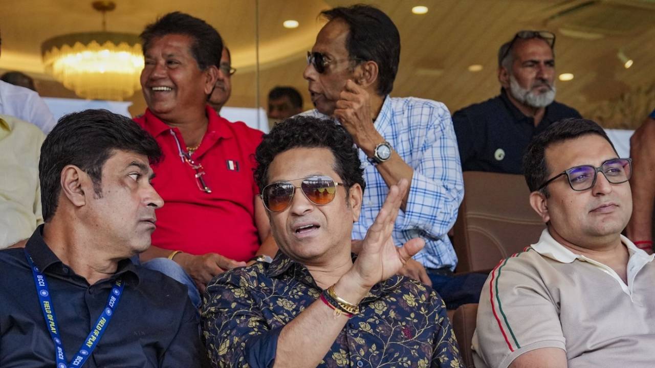 Sachin Tendulkar watches the Ranji final along with Subroto Banerjee, Chandrakant Pandit and Milind Rege, Ranji Trophy final, 3rd day, Mumbai, March 12, 2024