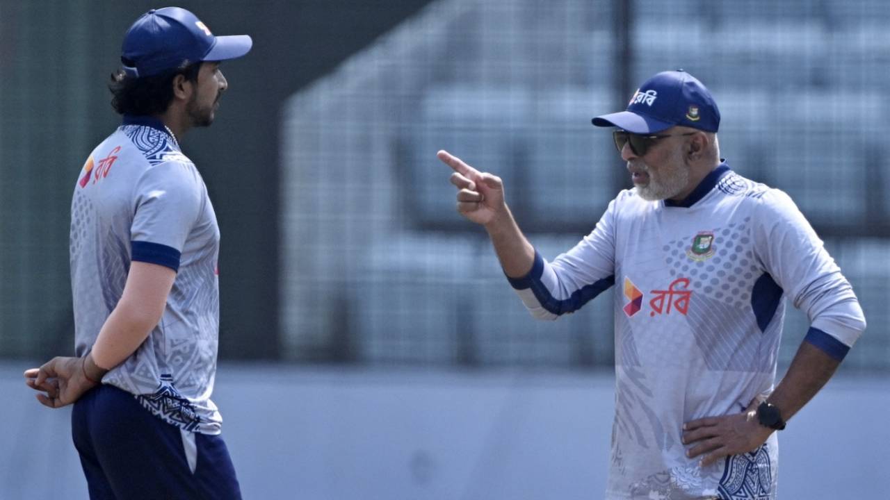 Chandika Hathurusinghe has a word with Soumya Sarkar on the eve of the first ODI against Sri Lanka, Chattogram, March 12, 2024
