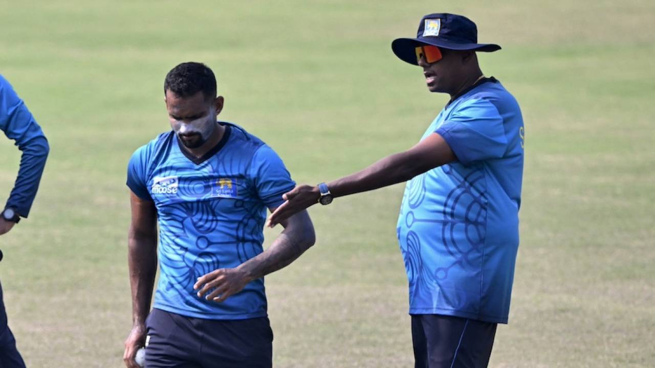 Chamika Karunaratne with Sri Lanka's fast bowling coach Darshana Gamage in the nets, Chattogram, March 12, 2024