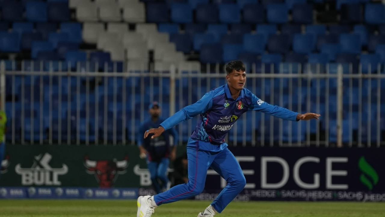 Allah Mohammad Ghazanfar in action, Afghanistan vs Ireland, 3rd ODI, Sharjah, March 12, 2024