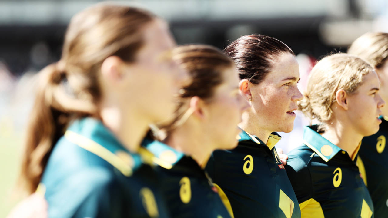 Grace Harris stands along with her team-mates for the national anthem, Australia vs South Africa, 1st women's T20I, Canberra, January 27, 2024