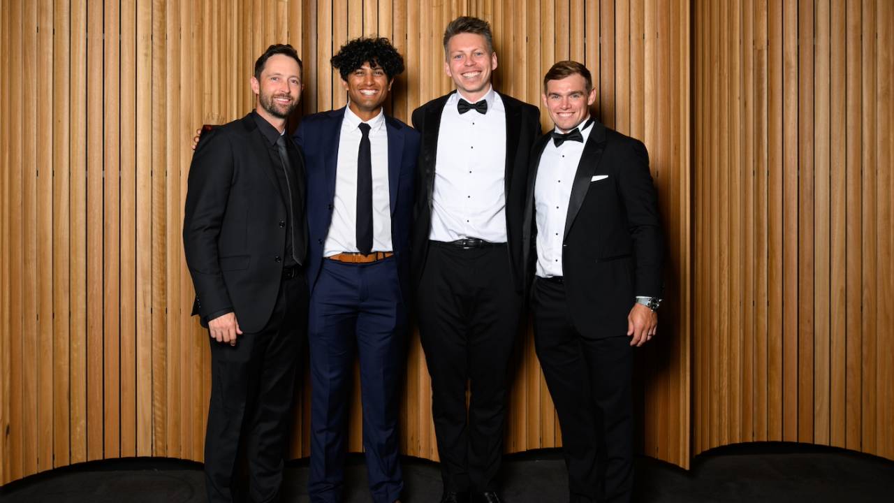 Devon Conway, Rachin Ravindra, Michael Bracewell and Tom Latham at the New Zealand Cricket awards, Christchurch, March 13, 2024