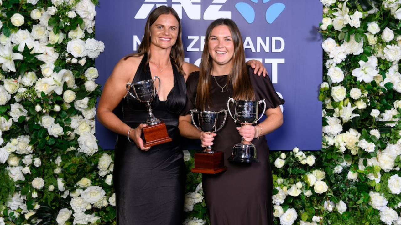 Suzie Bates and Emma Black with their trophies at the New Zealand Cricket awards, Christchurch, March 13, 2024
