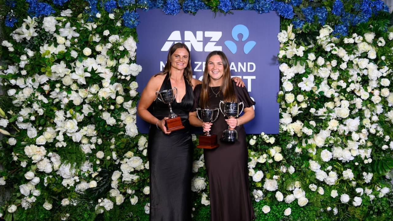 Suzie Bates and Emma Black with their trophies at the New Zealand Cricket awards, Christchurch, March 13, 2024