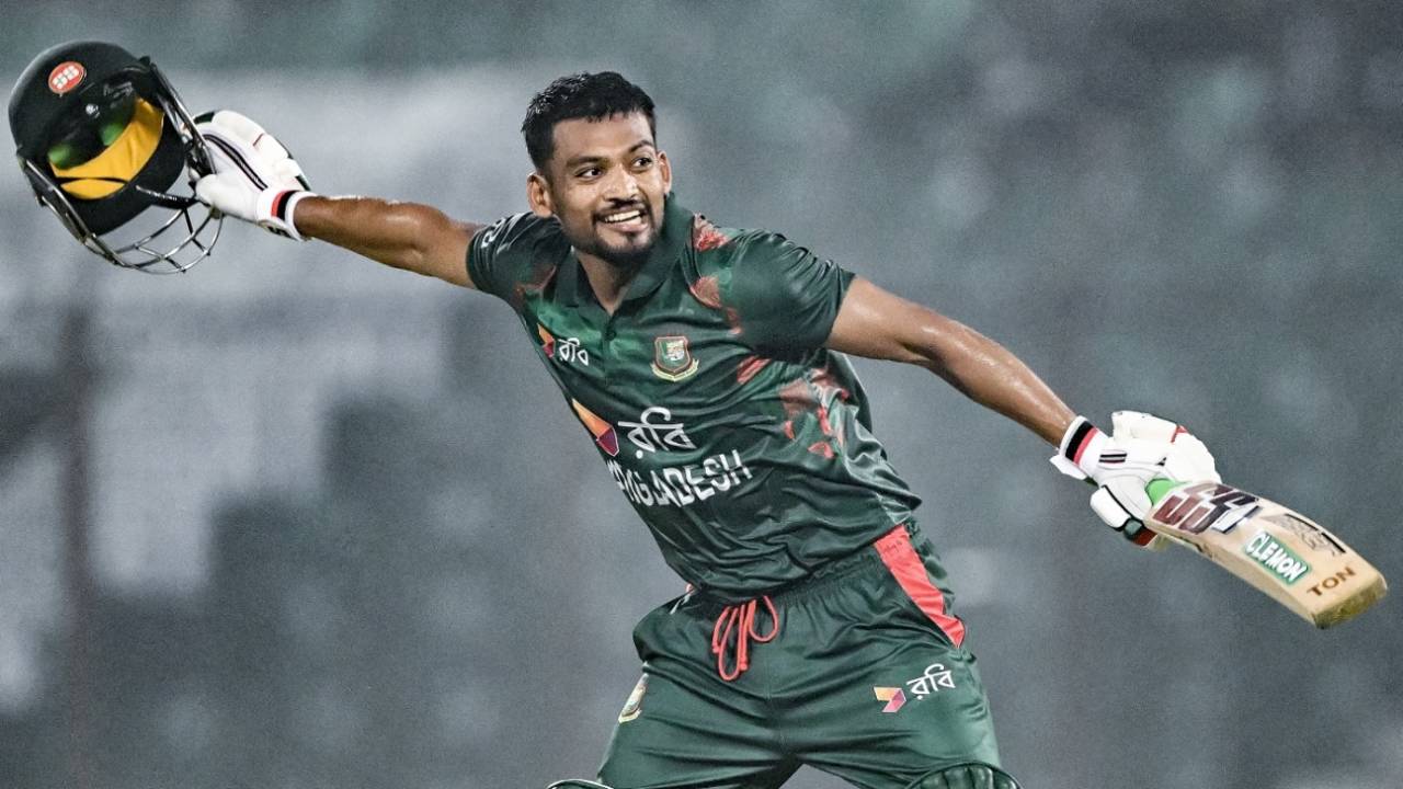 Najmul Hossain Shanto is ecstatic after reaching his second ODI ton, Bangladesh vs Sri Lanka, 1st ODI, Chattogram, March 13, 2024