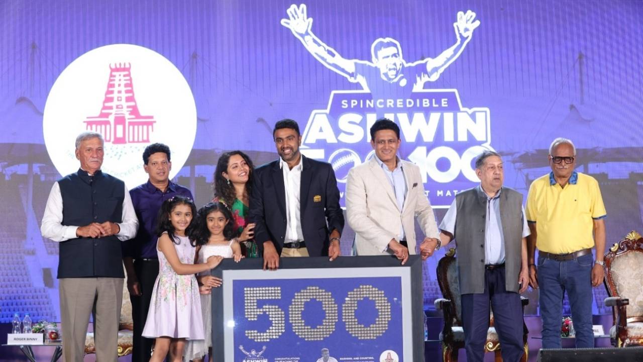 R Ashwin with his family, BCCI president Roger Binny, Anil Kumble, N Srinivasan and Kasi Viswanathan at an event, Chennai, March 16, 2024