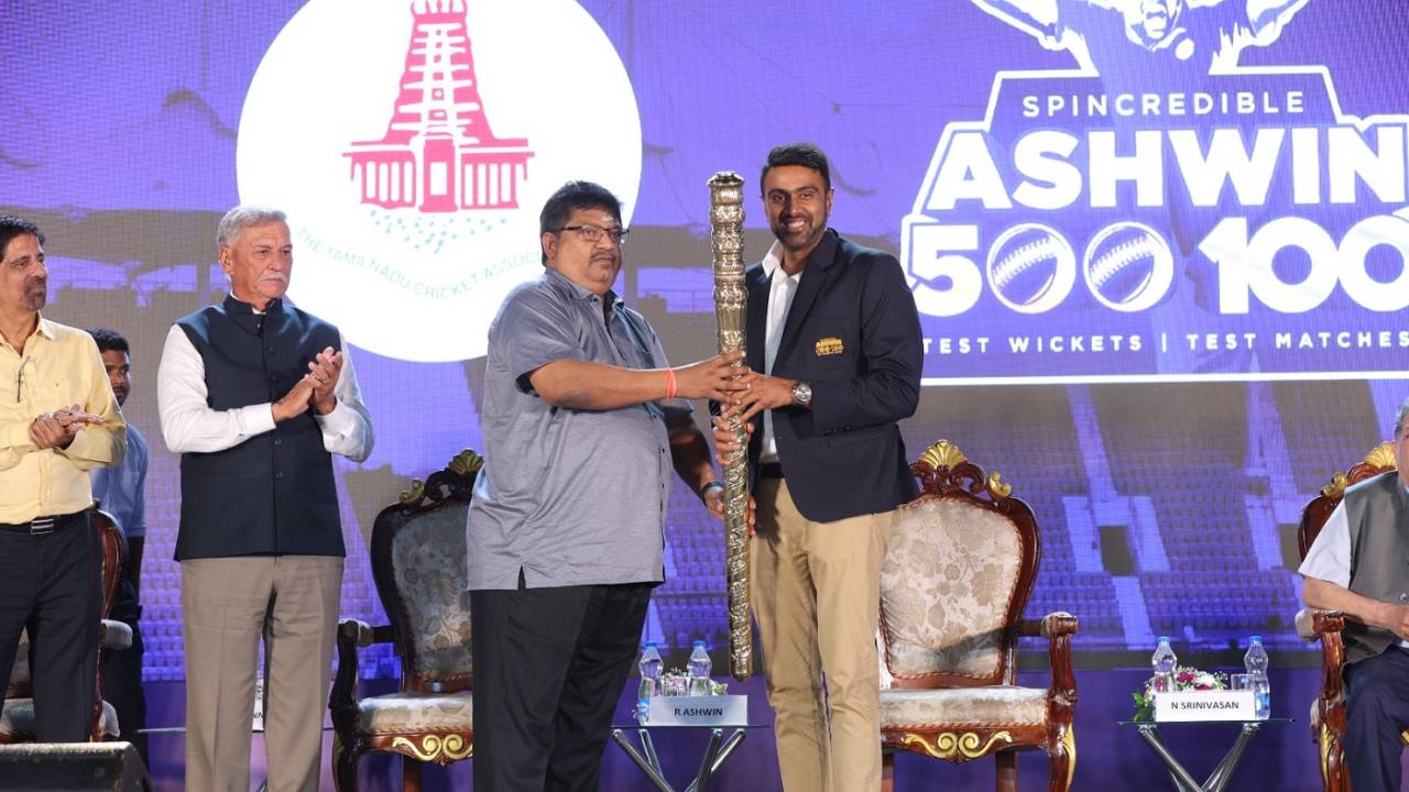 R Ashwin receives a special mace in the company of Roger Binny and K Srikkanth, Chennai, March 16, 2024