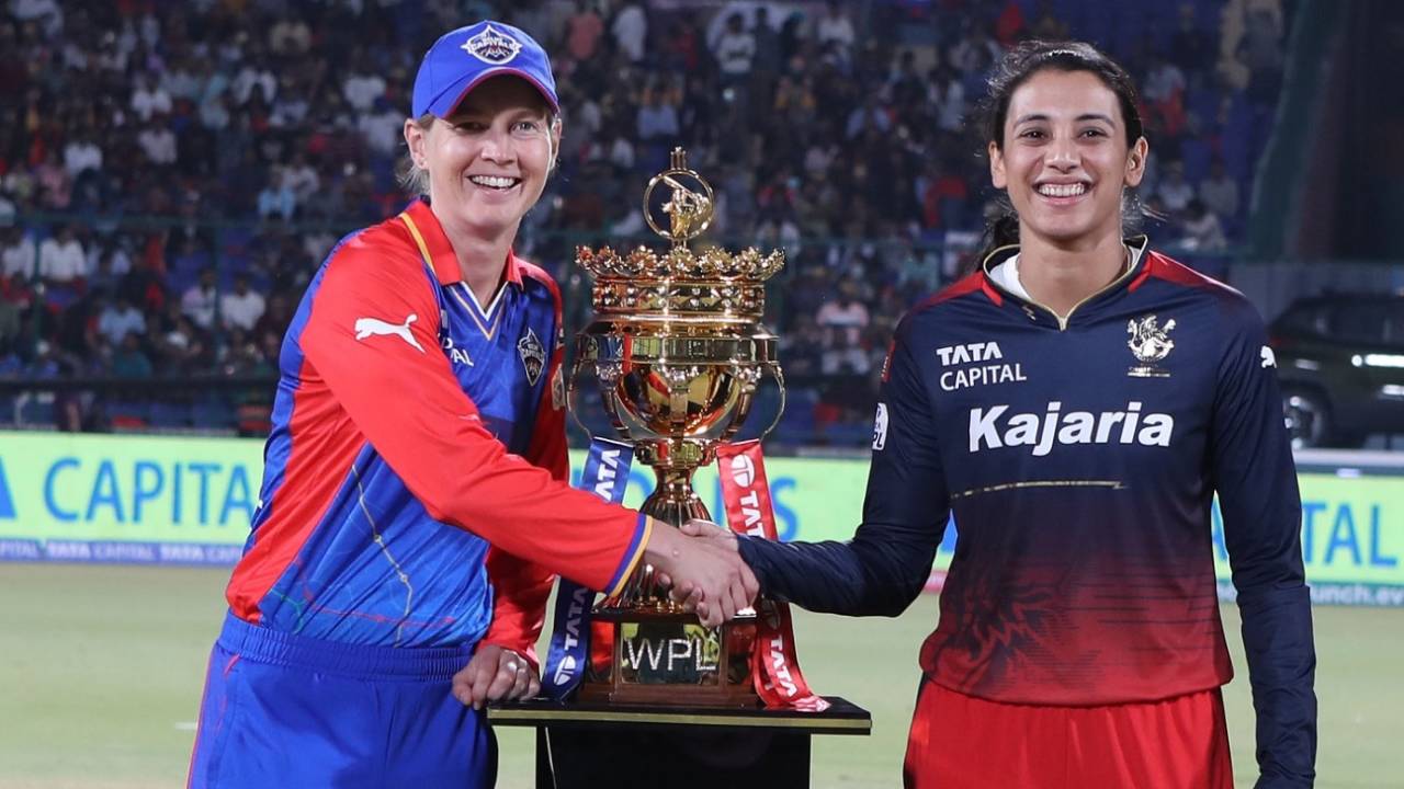 Meg Lanning and Smriti Mandhana pose with the trophy before the final, Delhi Capitals vs Royal Challengers Bangalore, final, WPL, Delhi, March 17, 2024