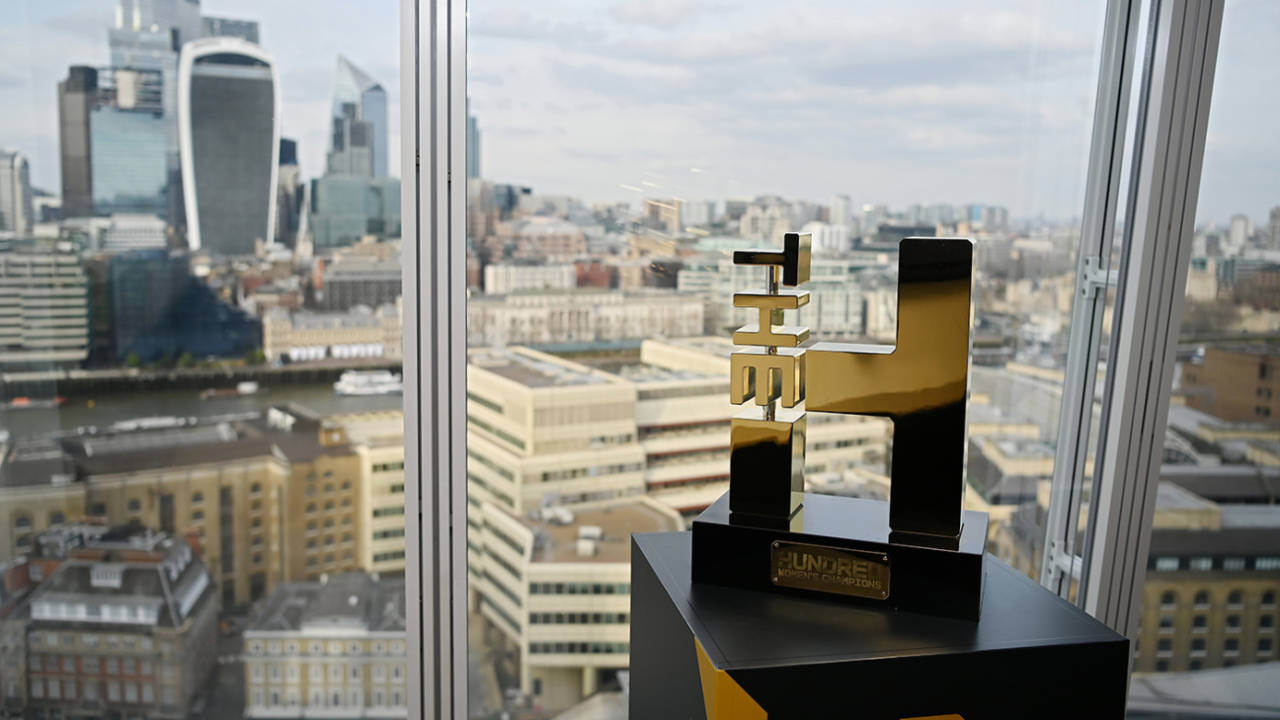 The Hundred trophy on display at the Shard in London, March 20, 2024