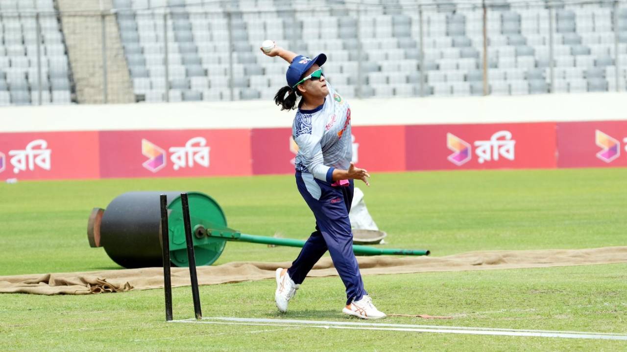 Nahida Akter has a bowl during a training session