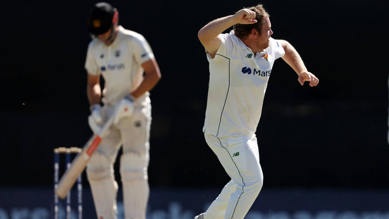 Jarrod Freeman celebrates removing Aaron Hardie, Western Australia vs Tasmania, Sheffield Shield, Final, WACA, March 24, 2024