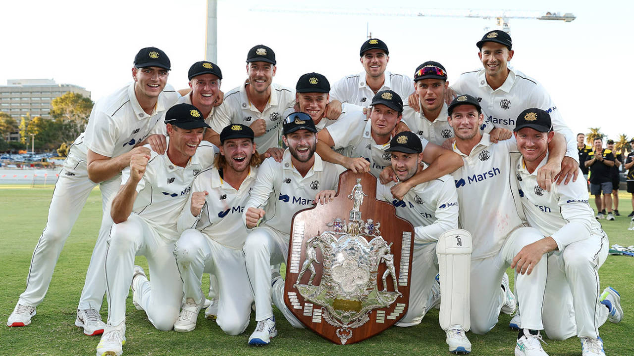Western Australia with the Sheffield Shield for the third time in three seasons&nbsp;&nbsp;&bull;&nbsp;&nbsp;Getty Images