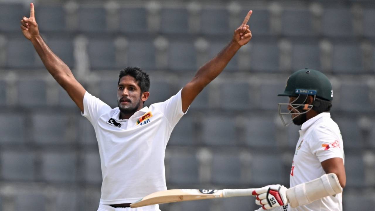 Kasun Rajitha picked up his second five-wicket haul in Tests, Bangladesh vs Sri Lanka, 1st Test, day 4, Sylhet, March 25, 2024 