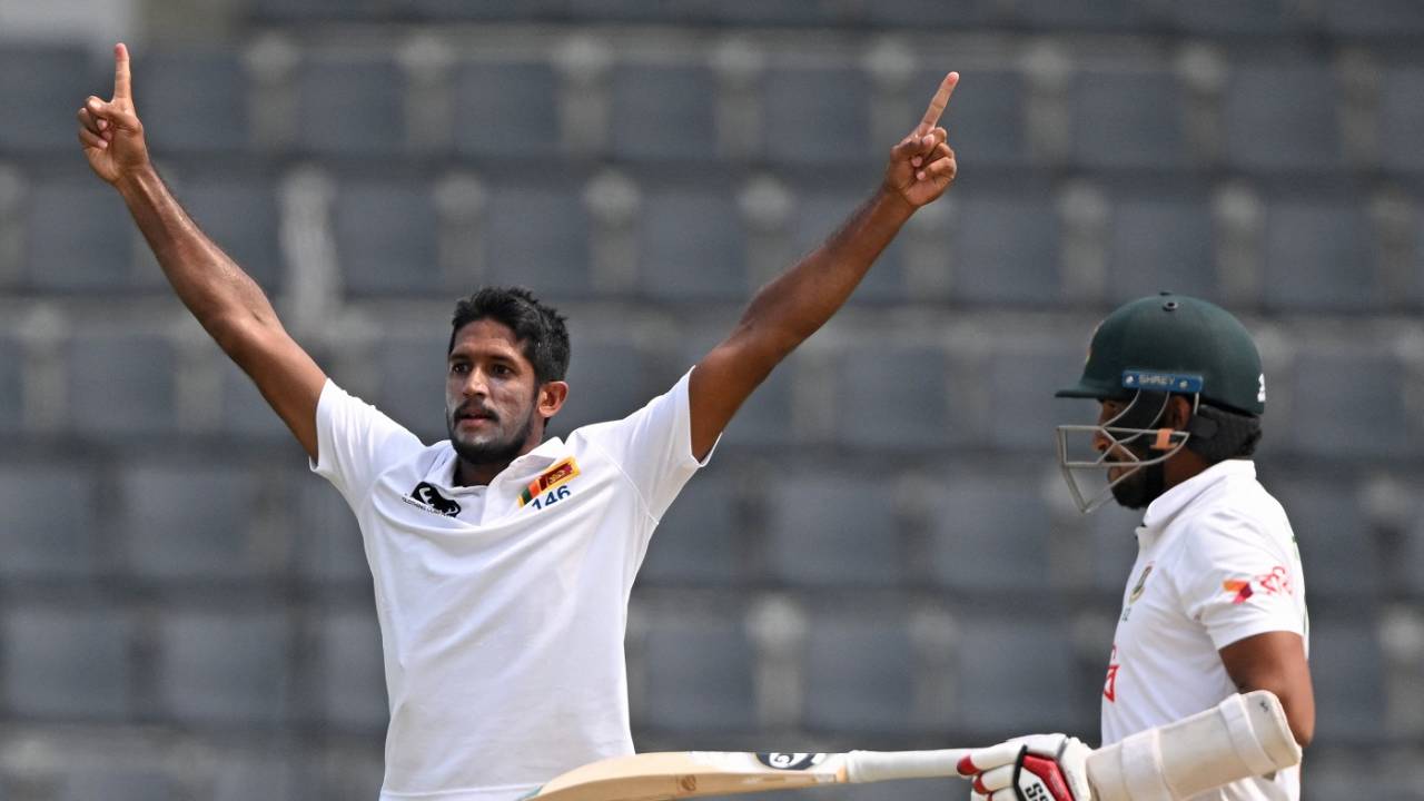 Kasun Rajitha picked up his second five-wicket haul in Tests, Bangladesh vs Sri Lanka, 1st Test, day 4, Sylhet, March 25, 2024 