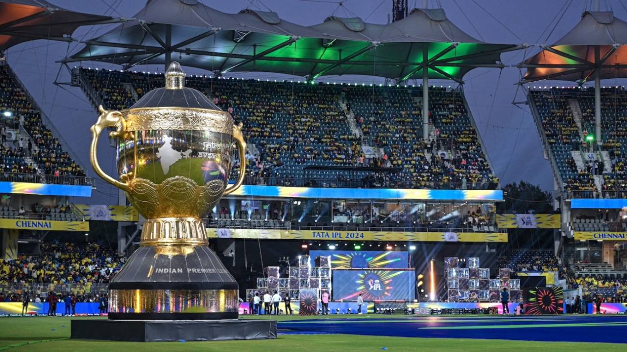 A giant replica of the IPL 2024 trophy is put up on display at Chepauk, Chennai Super Kings vs Royal Challengers Bangalore, IPL 2024, Chennai, March 22, 2024