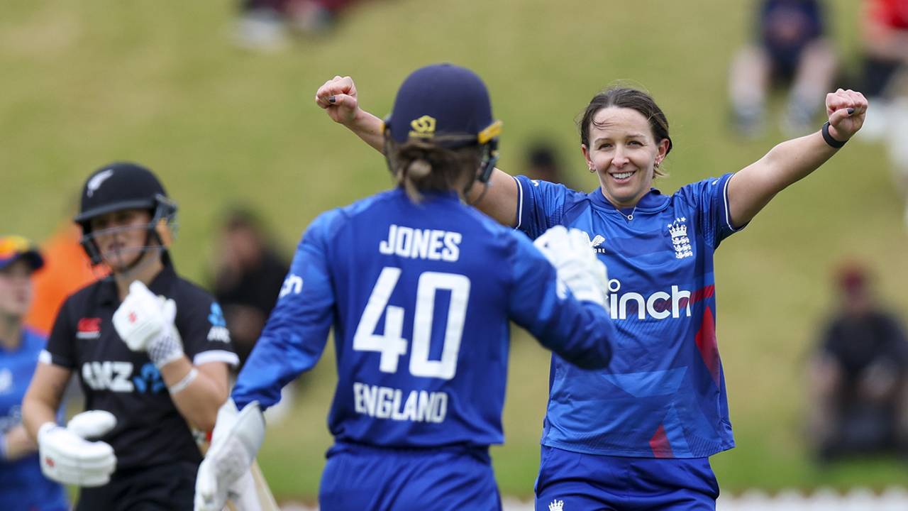 Kate Cross celebrates after taking the wicket of Georgia Plimmer 