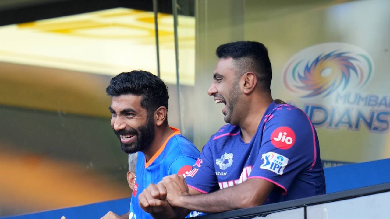 India colleagues Jasprit Bumrah and R Ashwin share a laugh before the game