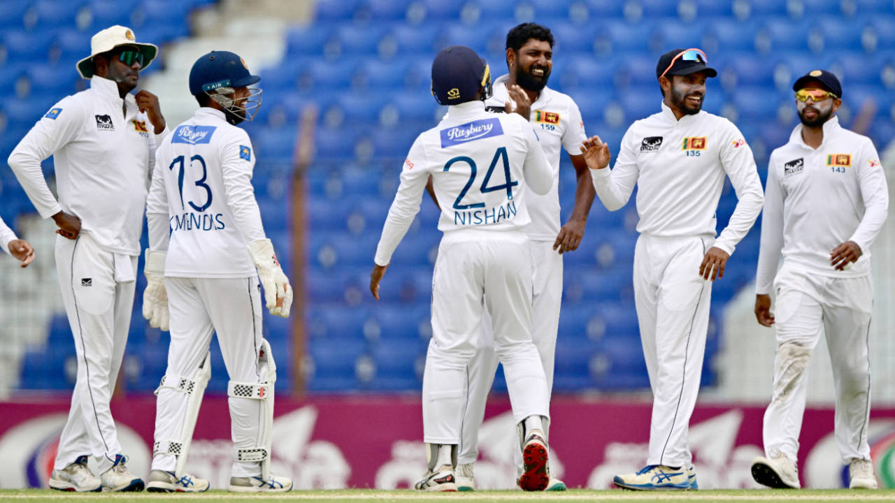 Prabath Jayasuriya celebrates with team-mates after bowling Mahmudul Hasan Joy, Bangladesh vs Sri Lanka, 2nd Test, Chattogram, 4th day, April 2, 2024