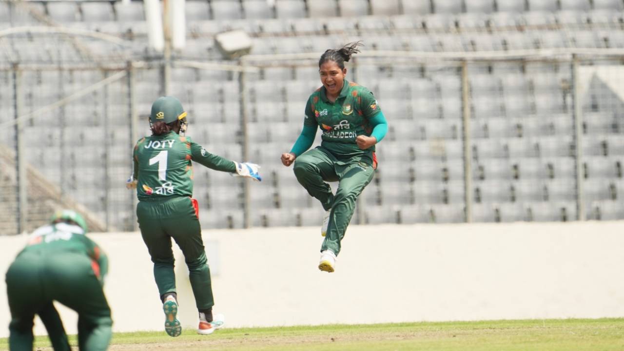 Fariha Trisna leaps in joy after completing her hat-trick&nbsp;&nbsp;&bull;&nbsp;&nbsp;Getty Images