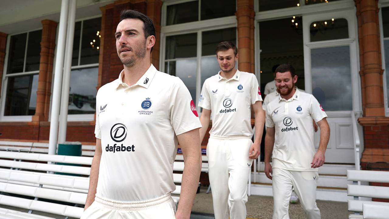 Toby Roland-Jones leads his players out for the pre-season photo shoot, Lord's, April 3, 2024